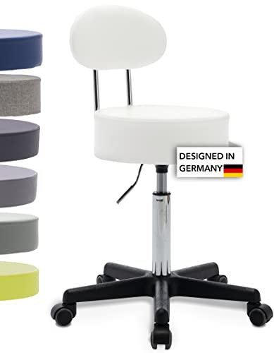 1stuff Rollhocker Squash 35 BACKLIKE mit Rücken-Lehne - ca. 51-71 cm Sitzhöhe - kompakter Bürohocker - Praxis-Hocker - bodenschonende PU-Rollen - Drehhocker - Therapiehocker Weiß