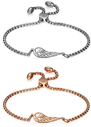 JewelryWe Schmuck 2 PCS Damen Armband mit Engels Flügel Engelsflüge?Edelstahl Charm-Armband Armkette Verstellbar Armkettchen Armreif, Rosegold/Silber