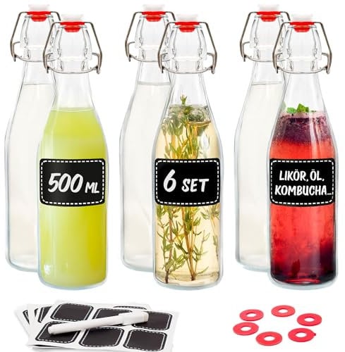 6er Set Glasflaschen 500ml mit Bügelverschluss - Bügelflaschen Zum Befüllen - inkl 6 Extra Dichtungen & 12 Etiketten mit Stift - Glasflaschen für Öl, Essig, Saft & Limonade