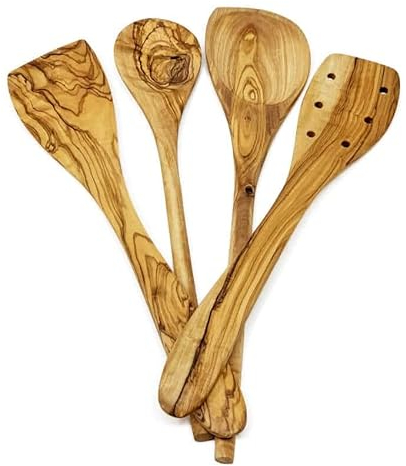 Verano Spanish Ceramics Olive Wood Set of 4 Cooking Utensils - Sustainably Sourced - Home Dining Room Table Kitchen Restaurant Café Bar Mixing Wooden Spoon/Spatula/Slotted Spatula/Spoon with Corner