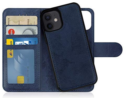 MyGadget Flip Case pour iPhone 12 Mini - Coque Clapet détachable magnétique PU Cuir Support - Housse Portefeuille Book Cover Bleu Foncé