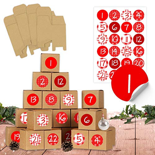 Papierdrachen DIY Adventskalender 2024 - zum Befüllen - 24 Kisten zum Basteln - Rot - 24 braune Schachteln aus 400g/m²-Karton zum Aufstellen und Dekorieren - Boxen - Weihnachten