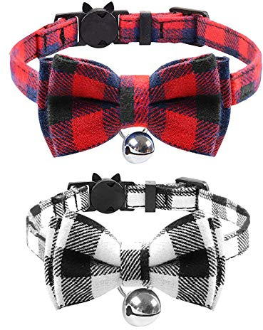 Lot de 2 colliers à carreaux pour chat - Libération rapide - Nœud papillon de sécurité pour chat - Collier de Noël avec clochette - Collier écossais doux réglable pour chaton, chiot - Noir et rouge