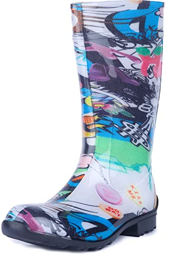 Ladeheid Bottes de Pluie Femme en Caoutchouc PVC avec Semelle Extérieure Antidérapante 100% Imperméable Chaussures pour Femmes résistantes à l'eau LA-967 (Journal, 36 EU)