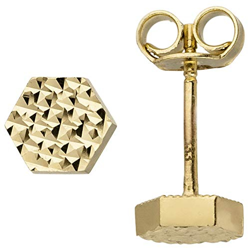 Paar Ohrringe Ohrstecker Hexagon Sechseck aus 333 Gold Gelbgold mit Struktur