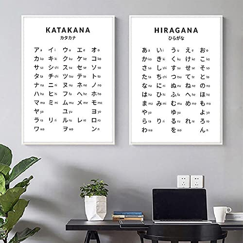 VVBGL Hiragana Und Katakana Diagramm Schwarz Weiß Japanisches Alphabet Poster Japan Kultur Wand Bilder Bild Leinwand Bild Büro Wohnkultur 50x70cmx2 Kein Rahmen