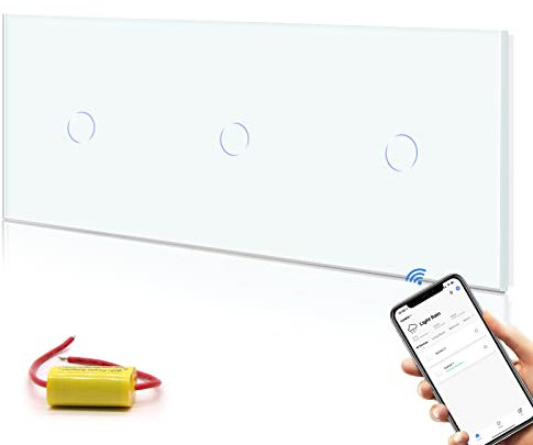 BSEED Smart Lichtschalter 1 Fach 1 Weg Dreifach WIFI Smart Lichtschalter Kompatibel mit Alexa,Google Home, Glas Touchscreen-schalter Weiß 228mm (kein Neutralleiter benötigt)