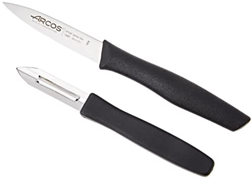 Arcos | Set Cuchillos Mondador + Pelapatatas | Cuchillos 2 Piezas | Cuchillos pelar Patatas | Acero Inoxidable Nitrum | Hoja de 85 mm y 60 mm | Envase Ecológico | Color Negro (810100)