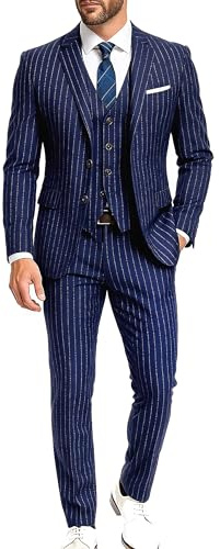 Mens Navy Blue Business Wedding Tuxedo Suits - Mens Suits 3 Piece Regular Fit Blazer Waistcoat and Pants