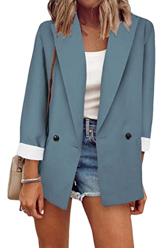OMZIN Jacken für Damen Lässige Blazer Offene Vorderseite Streamline Revers Plus Size Taschen Business Blazer Blau M