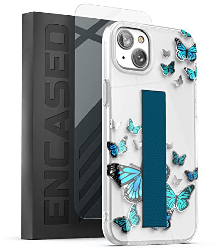 Encased Finger Loop Case Compatible with iPhone 14 PLUS Case for women with Hand Strap - Screen Protector Included (Blue Butterfly)
