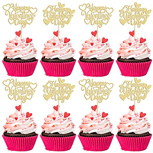 24 Stück Happy Valentine's Day Cupcake-Topper mit Herz Glitzer Sweet Love Thema Valentinstag Cupcake Essen Picks Valentinstag Thema Geburtstag Party Kuchen Dekorationen Zubehör Gold