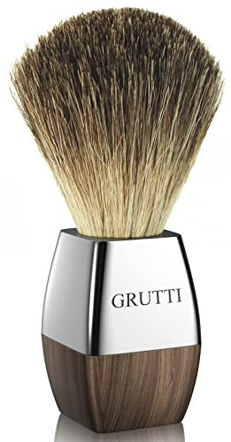 GRUTTI Rasierpinsel, handgefertigt aus 100% echtem Dachshaar, mit Holzgriff, für Nassrasur mit Rasierhobel, erzeugt ergiebigen Schaum, veganer Rasurpinsel für eine angenehme Nassrasur
