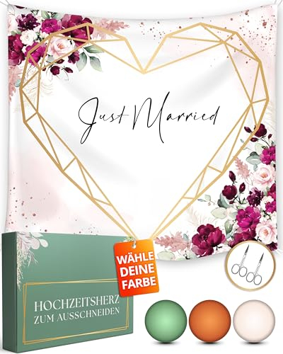 Hochzeitsherz zum Ausschneiden inkl. 2 gratis Scheren als Standesamt Überraschung oder Hochzeitsspiel für das Brautpaar - Das Hochzeitslaken entspricht dem modernen Boho Berry Stil - 200x180cm