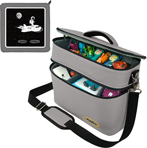 PUNALU große Tasche für Toniebox inkl. Schutzfolie passend für Toniebox, Platz für 68 Tonies, Set Toniebox Tasche + Toniebox Aufkleber (Astronaut 1 grau)
