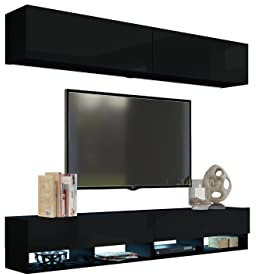 BROMARKT Premium Wohnwand Wohnzimmer Set 4 Teile - Wohnzimmer Schrank - Wohnzimmer Möbel mit Wandschrank - Wohnwand Modern - Wohnzimmerschrank Komplett Möbel - Hochglanz Schwarz