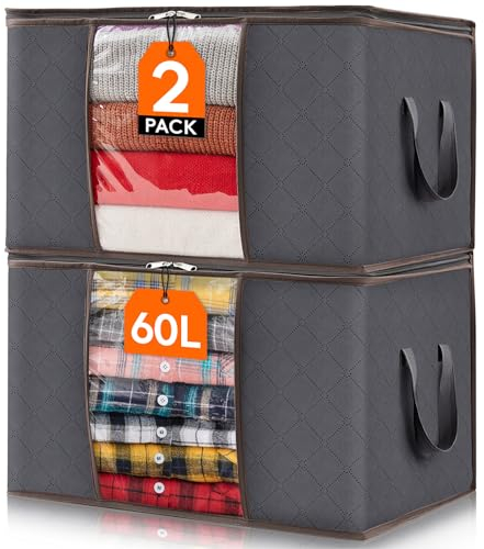 Lifewit Lot de 2 Sac Rangement Vetement, Boite Rangement Déménagement Bac de Rangement pour Vêtements, Couvertures, Couettes, Caisse Rangement Pliable avec Poignée Renforcée, Gris