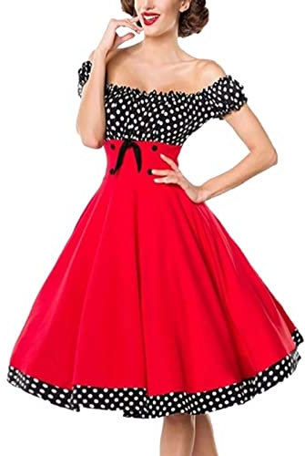Robe Vintage AnnéEs 50 Pin Up Femme à Pois Vintage Rétro Imprimée à Pois Mi Longue Elégante Style 1950's Audrey Hepburn Robe de Soirée Cocktail sans Manches Rockabilly Année 50 Swing Plissée