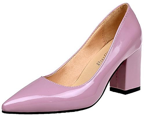 Décolleté da Donna in Pelle Verniciata con Tacco Quadrato da 7,5 cm Scarpe Classiche Décolleté con Punta a Punta Party Plus Size,Rosa,40 EU