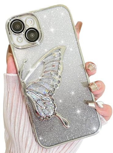 AIGOMARA Hülle Glitzer für iPhone 14, Handyhülle 3D Schmetterling Muster, Flüssig Treibsand, Schutzhülle Kameraschutz, Dünn Aesthetic Silikon Bumper Stoßfeste TPU Case, Mädchen Frauen, Silber