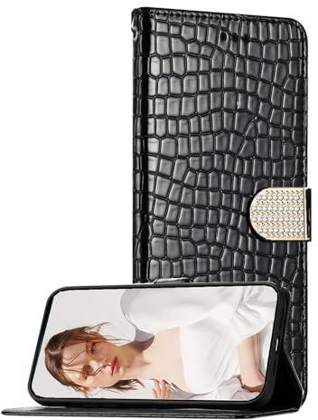EuoDuo für Samsung Galaxy S10 Plus Handyhülle Klappbar PU Leder Hülle in Kroko Design Handytasche Glitzer Magnetische Schnalle Schutzhülle Kartenfach Flip Case - Schwarz