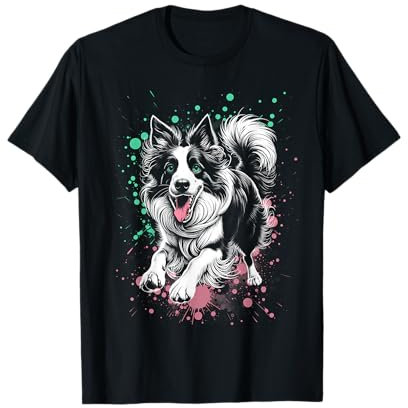 MyAnimal - Ihr Lieblingstier Wear: Süßer Border Collie im bunten Ink-Splash Design T-Shirt für Hundehalter und Tierliebhaber - Unisex Erwachsene, Schwarz, S, Kurzarm, V-Ausschnitt, Kunststoff