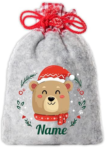 Süßes Nikolaussäckchen/Weihnachtssäckchen personalisiert mit Wunsch-Namen und Weihnachts-Bären-Motiv für Kinder. Größe 12 x 20 cm