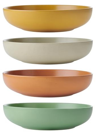KitchenCraft Idilica Stoneware Pasta Bowls, Set of 4 Ceramic Shallow Dinner Bowls, Microwave and Dishwasher Safe, Assorted Colours