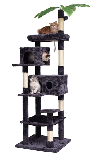 JISSBON 193cm Cat Tree for Indoor Cats, Multi Level Cat Tower with Scratching Posts, Large Plush Perch & Cat Condo with Leaves for Kittens, Adult Cats, Grey