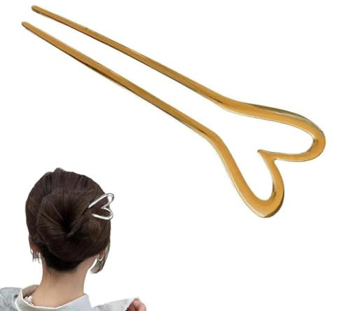 U Shaped Hair Pins, U Shape Heart Hair Sticks, Metal Heart Hairpins Golden Silvery Hair Fork Hair Pins Metal Stick U-shaped