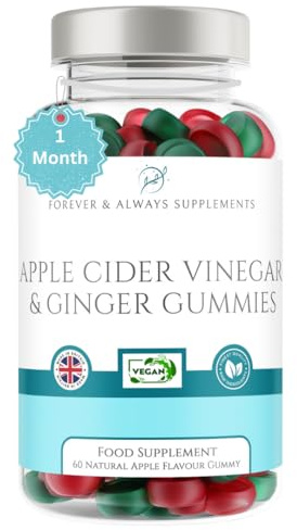(ACV) Apple Cider Vinegar Gummies with The Mother & Ginger (1 Month Supply), Vegan/Keto ACV Apple Flavoured Gummies for Women & Men, Weight, Metabolism Support