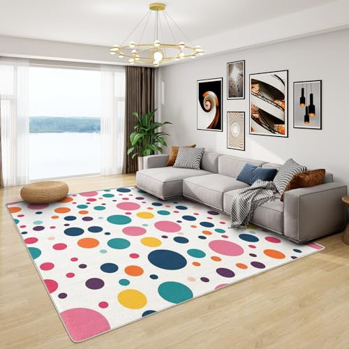 Teppich mit Tupfen - Teppich Wohnzimmer Schlafzimmer Geometrisch, Großer Teppich Bunte Punkte, Weich Kurzflor & Waschbar & rutschfest Wohnzimmerteppich, Kinderteppich, Bettvorleger 100x200 cm