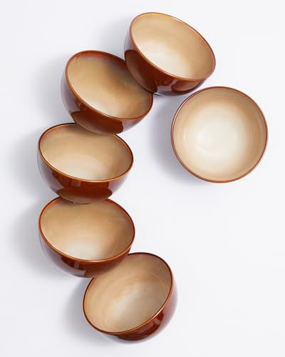 Pokini Reactive Glaze Bowls Set of 6, Microwave and Dishwasher Safe Bowls, Stoneware Soup Bowls, Kitchen Bowl Set for Cereal Soup Rice Pasta Salad Oatmeal, Brown and Yellow