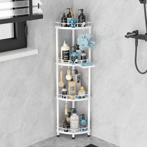 SWTYMIKI Corner Shower Caddy Standing - 4 Tier Stainless Steel Shower Organiser Stand with 4 Hooks & Soap Holder, Rustproof Metal Standing Tall Floor Shower Shelf and Bathroom Organiser