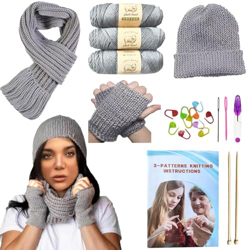 Kaaper Strickset für Anfänger und Erwachsene, Stricken lernen, Starter-Set | Anfänger-Strickset für Erwachsene, für Schals, Mützen und Handschuhe, inklusive Wollgarn, Nadeln und Zubehör (Grau)