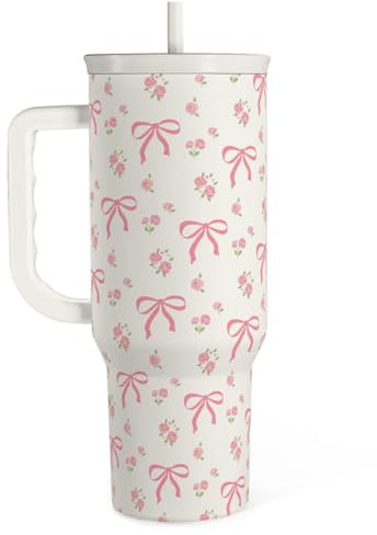 SANDJEST Bow Tumbler with Handle 40oz, Stainless Steel Insulated Tumblers Coffee Travel Cup with Slider Straw Lid, Gifts for Women Teen Girls Birthday