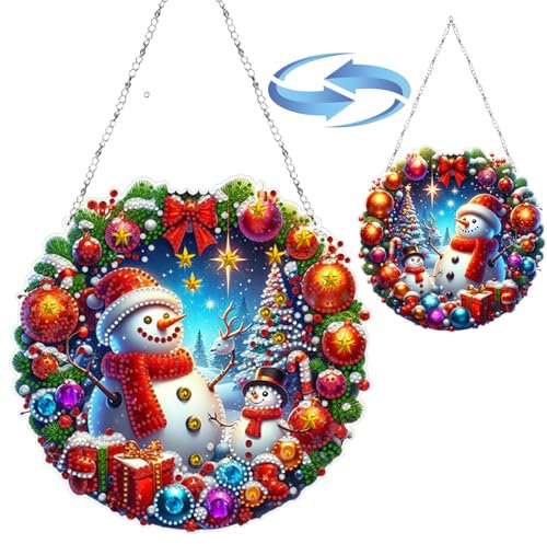 CXINLky DIY Diamond Art Painting Anhänger mit Kette, Diamant Painting Bilder, Weihnachten Diamond Malerei Wandbehang Kits für Fenster Wand Eingang Garten Decor-12-Schneemann