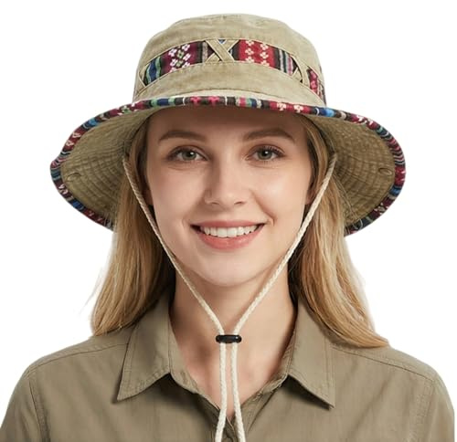 HIQIU Sonnenhut Herren Baumwolle Sommerhut Faltbar Boonie Hut mit Kinnband | Outdoor Fischerhut Damen Ethno Wanderhut Anglerhut Safari Hut