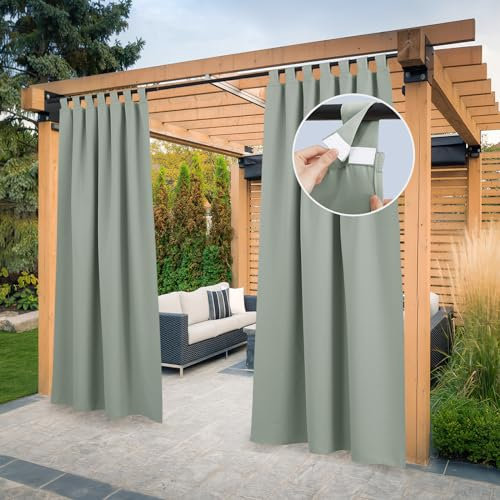 PONY DANCE Terrasse Vorhänge Outdoor Gardinen Wasserdicht Schlaufenschal 2er Set Balkon Vorhang Sichtschutz Outdoorvorhänge Wetterfest mit Klettverschluss, H 243 x B 132 cm, Salbeigrün