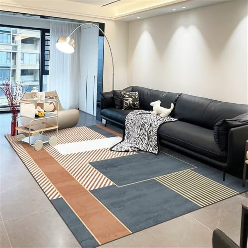 QGYFRE Teppich Nach Mass Sofa XXL 200x260CM Carpet blau Brauner moderner geometrischer Teppich vorzimmer
