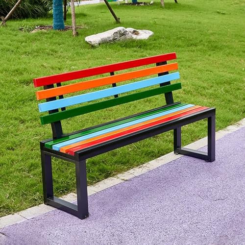 Holzaußenbank mit bunten Leisten ergonomische Bauweise wetterfeste langlebige Sitzfläche für zwei Personen für Park Rasen Terrasse Hof Schule 120cm schwarze Bank