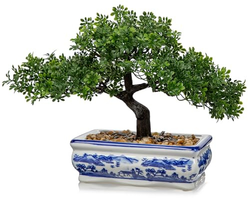 Briful 9.5 Artificial Bonsai Tree Fake Plants Podocarpus Bonsai Decoration, 25CM Artificial Plants Indoor in Blue and White Ceramic Pot, Faux Green Plant for Home Office Desk Decor
