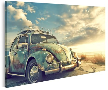 islandburner Prime Bild auf Leinwand Alter Käfer am Strand bei Sonnenuntergang Bilder Wandbilder Poster