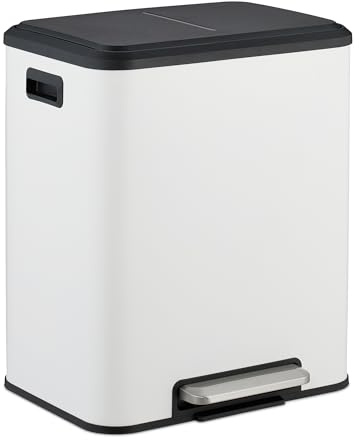 Relaxdays Kitchen Bin, 2 Compartments, 15 Litres Each, Inner Buckets, Foot Pedal, Recycling Dustbin, Soft-Close, White