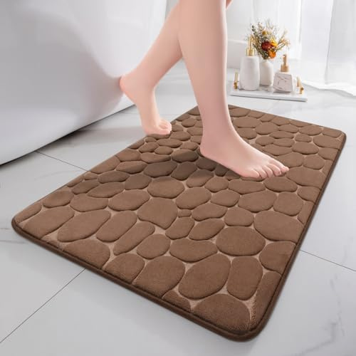 chakme Badematte rutschfest, 43x61 cm Braun Badezimmerteppich | Memoryschaum Badteppich, Waschbar Badvorleger, Wasserabsorbierend Kieselsteine Duschvorleger