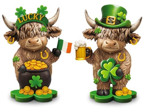 Thyle 2 Pcs St. Patrick's Day Shamrocks Highland Cow Figurines Irish Leprechaun Lucky Gnomes Scottish Resin Statue Calf Lovers Gifts for Home Garden Kitchen Office Tiered Tray Table Decor