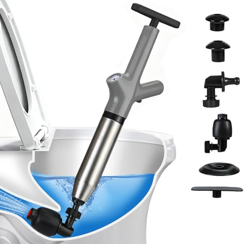 FURNSII Pompa Stura Scarichi ad Aria Compressa, WC Pompe Sturalavandini a Pressione con Manometro e 4 Ugelli, Pompa Stura Scarichi a Pressione Professionale per Scarichi, Lavandini (GRIGIO)