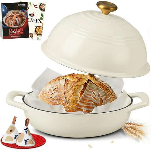 Overmont Olla de hierro fundido esmaltado para Hornear pan - 5.7L Olla holandesa Cacerola con tapa y libro de recetas - Apta para cocina, hornear, estofar y asar - Blanco