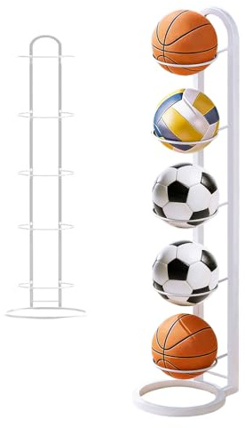 KBIBCK Ball Storage Rack, 5-Layer Football Stands for Balls, Ball Rack, Vertical Metal Removable Basketball Storage Rack for Storing Footballs, Soccer, Basketballs, Volleyballs, White