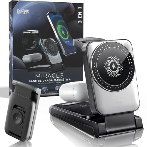 KRUGGALOO® Super Cargador Inalámbrico 3 EN 1 | Estación de Carga Rápida 15W | Compatible con iPhonne 17/16/15/14/13/12 | Cargador portátil Plegable | USB-C | AirPodss | Cargador Oficina |